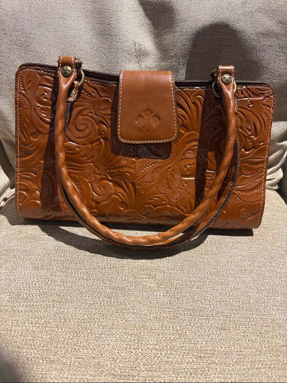 Patricia Nash Tooled Leather Satchel in Chestnut Brown